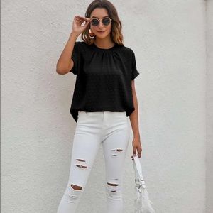 Solid Swiss Dot Keyhole Back Batwing Sleeve Blouse